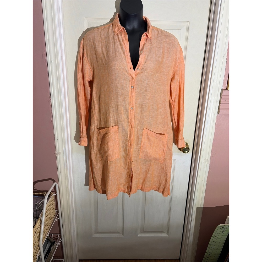 J.Jill 100% Linen Button Down Shirt Dress Melon Orange Long Sleeve Pockets